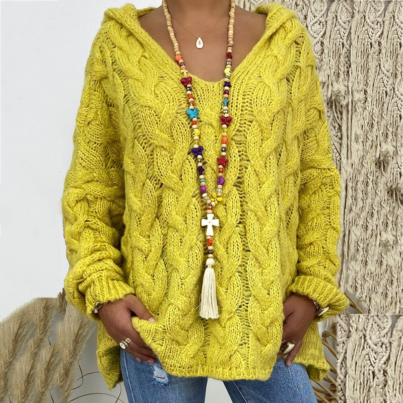 Solid V-Neck Knitted Loose Pullover Hooded Sweater - Image 13