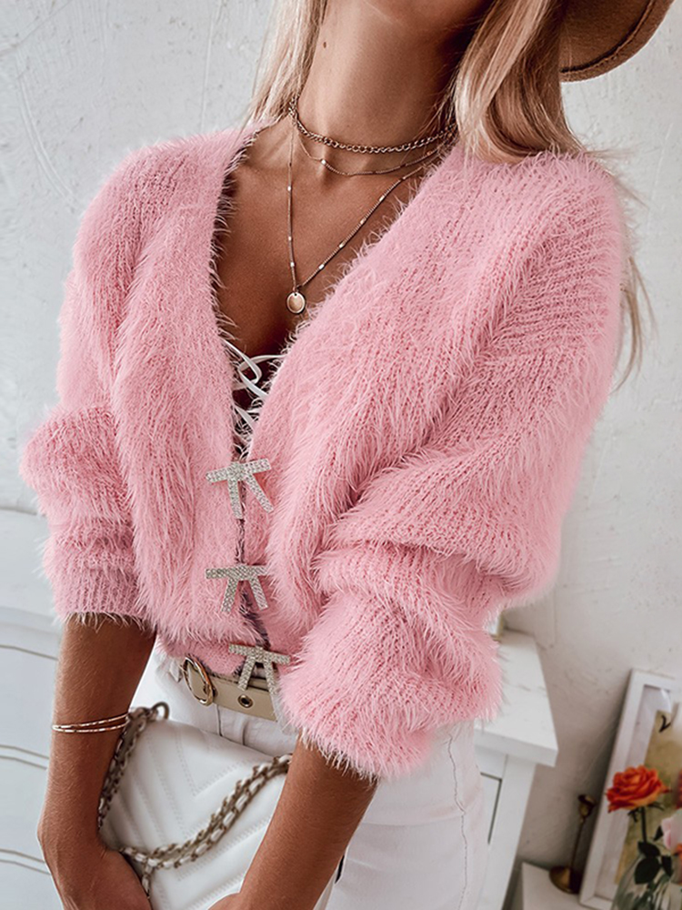 Fuzzy Bowknot Pattern Knit Cardigan - Image 6
