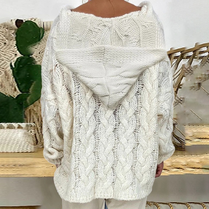 Solid V-Neck Knitted Loose Pullover Hooded Sweater - Image 8