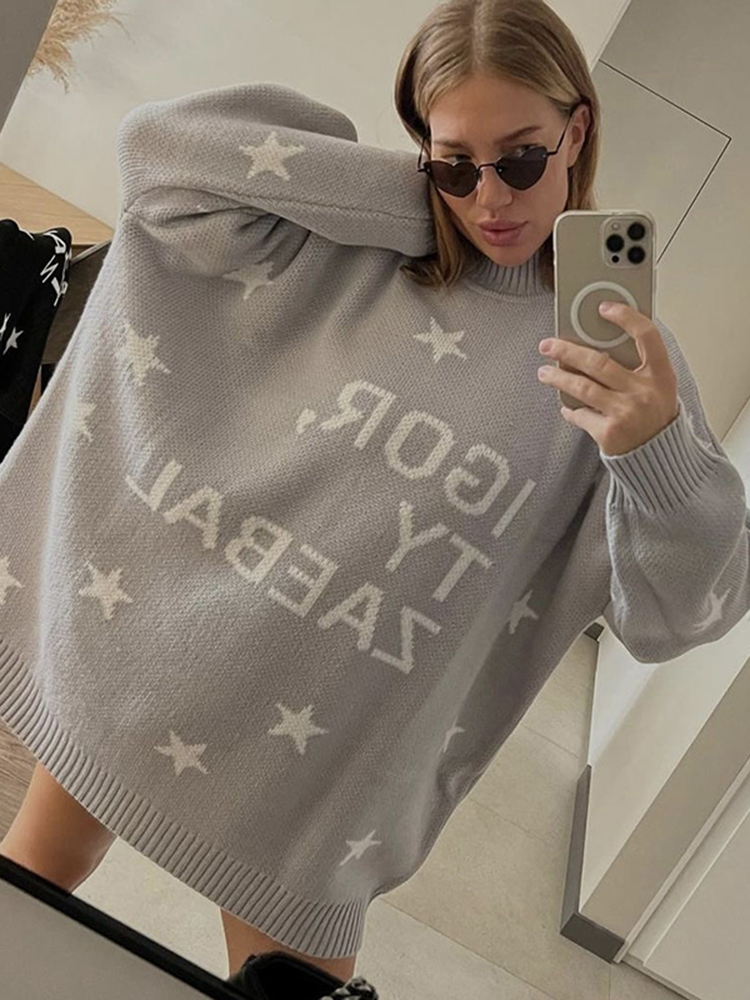 Letter Print Oversize Long Sleeved Sweater - Image 5