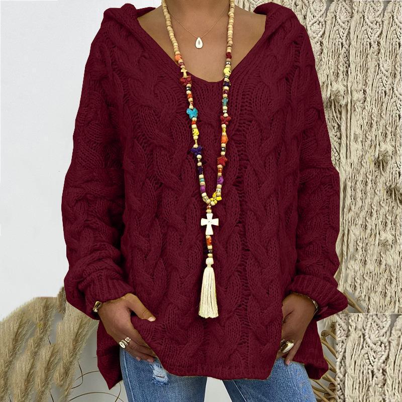 Solid V-Neck Knitted Loose Pullover Hooded Sweater - Image 16