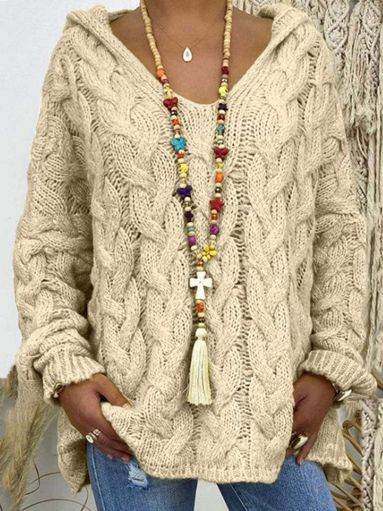 Solid V-Neck Knitted Loose Pullover Hooded Sweater