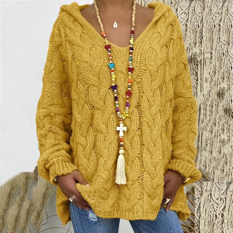Solid V-Neck Knitted Loose Pullover Hooded Sweater - Image 11