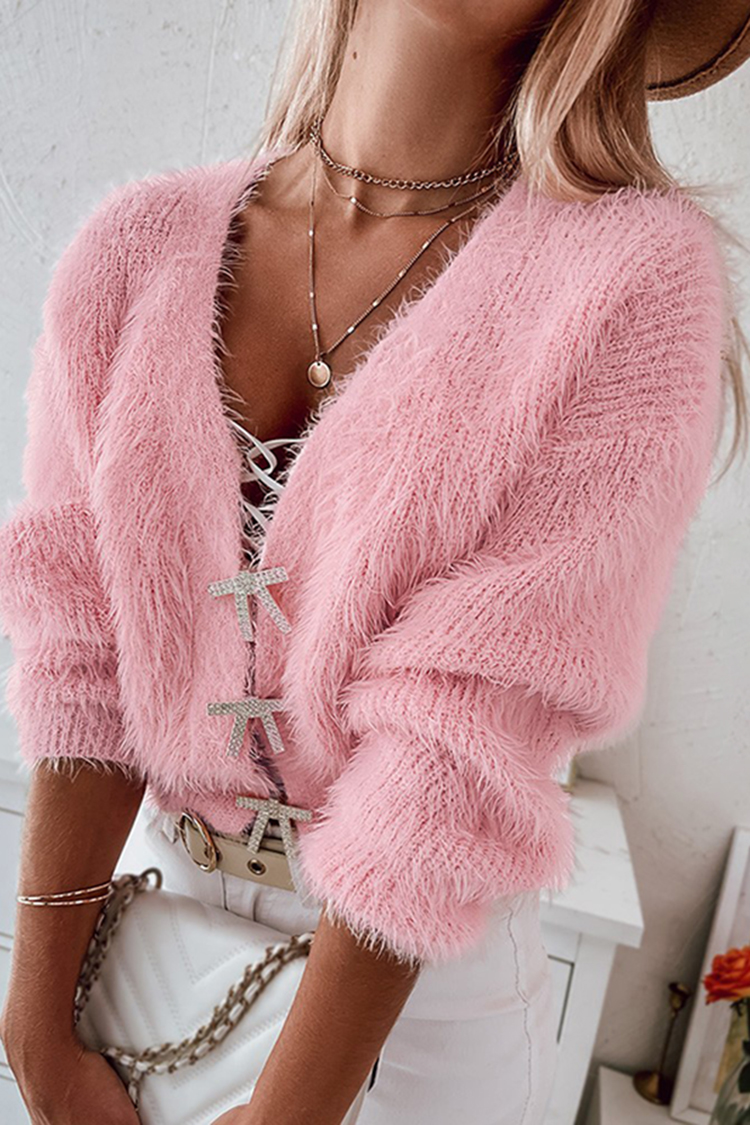 Fuzzy Bowknot Pattern Knit Cardigan - Image 7