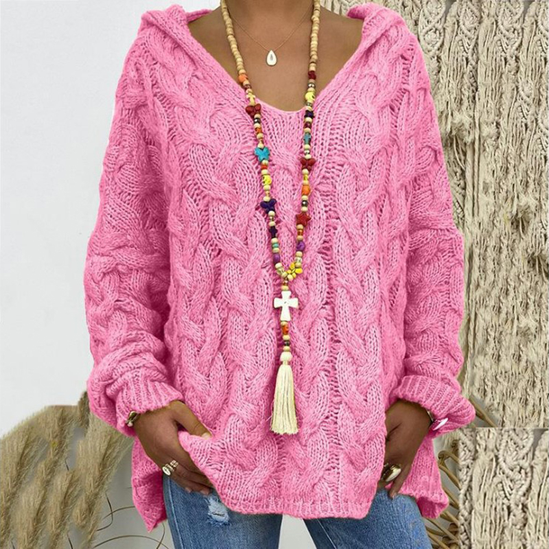 Solid V-Neck Knitted Loose Pullover Hooded Sweater - Image 10