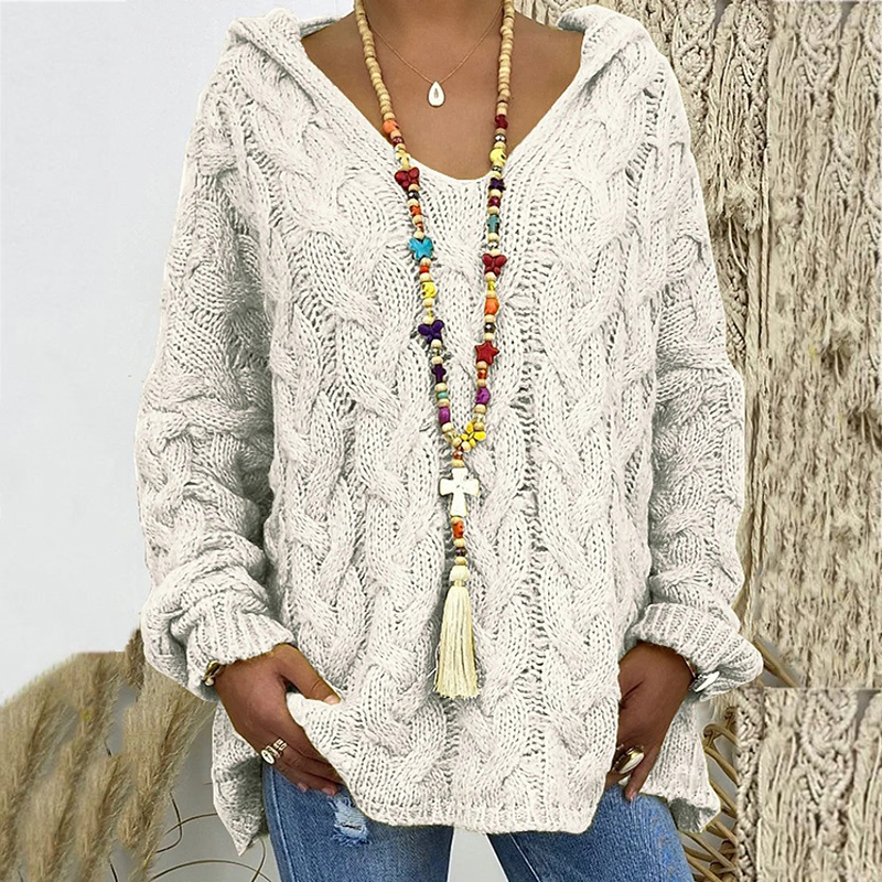 Solid V-Neck Knitted Loose Pullover Hooded Sweater - Image 7