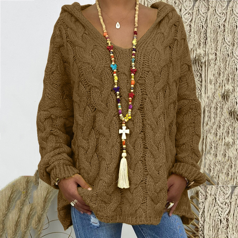 Solid V-Neck Knitted Loose Pullover Hooded Sweater - Image 5