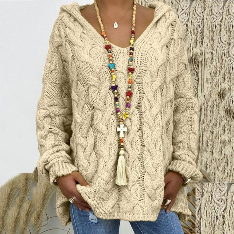 Solid V-Neck Knitted Loose Pullover Hooded Sweater - Image 2