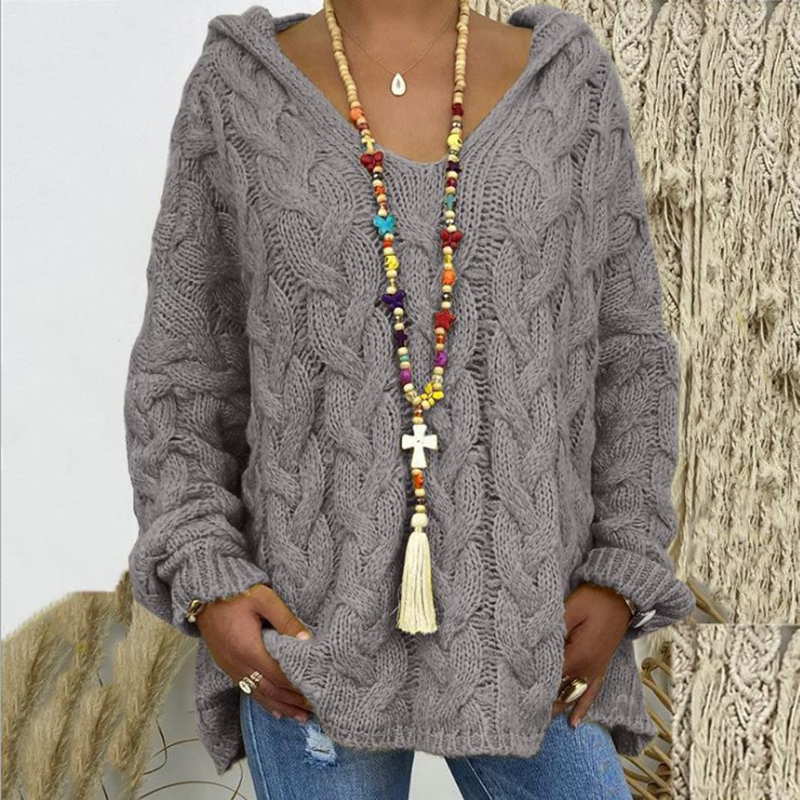 Solid V-Neck Knitted Loose Pullover Hooded Sweater - Image 3
