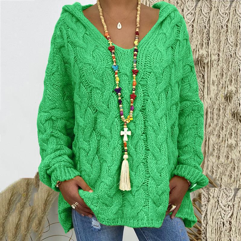 Solid V-Neck Knitted Loose Pullover Hooded Sweater - Image 17