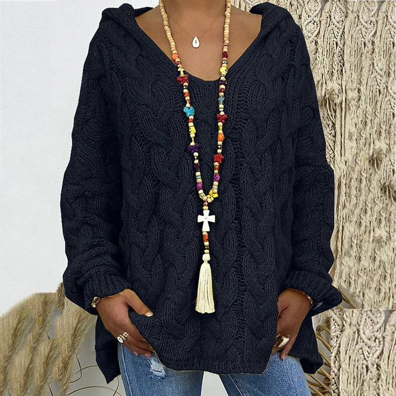 Solid V-Neck Knitted Loose Pullover Hooded Sweater - Image 4