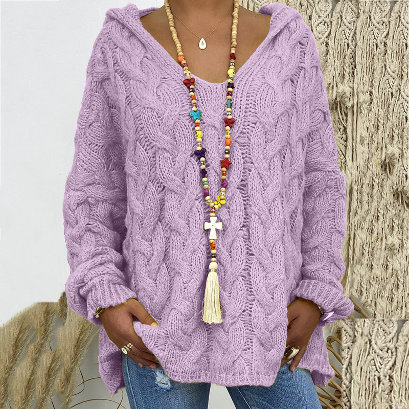Solid V-Neck Knitted Loose Pullover Hooded Sweater - Image 14