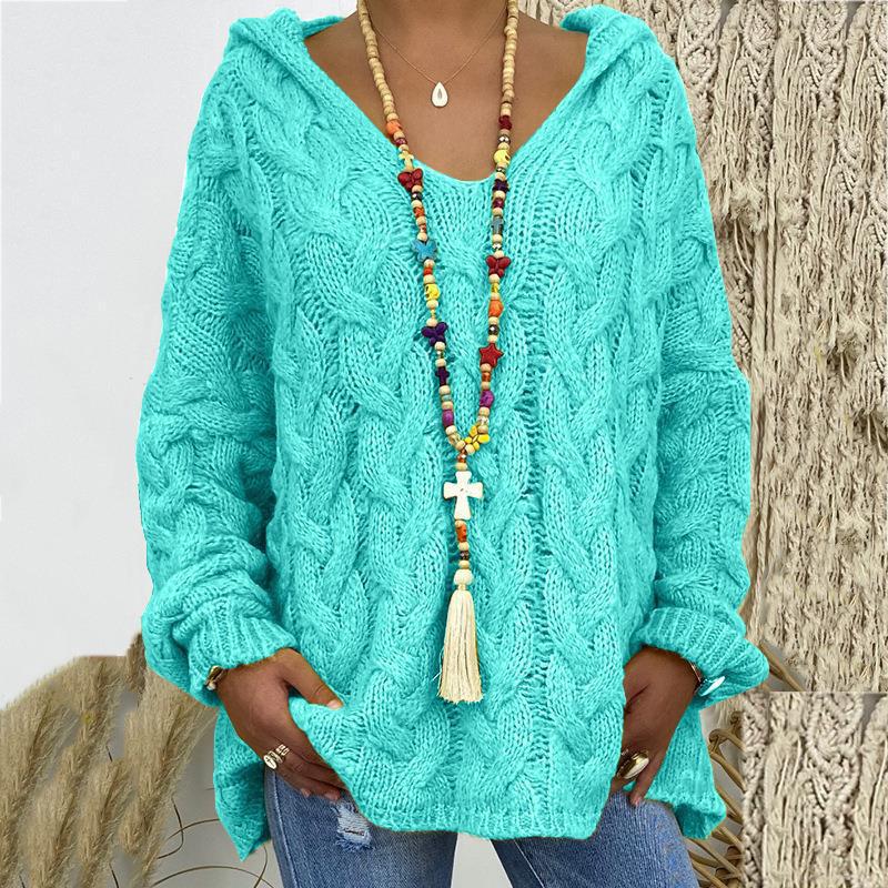 Solid V-Neck Knitted Loose Pullover Hooded Sweater - Image 9