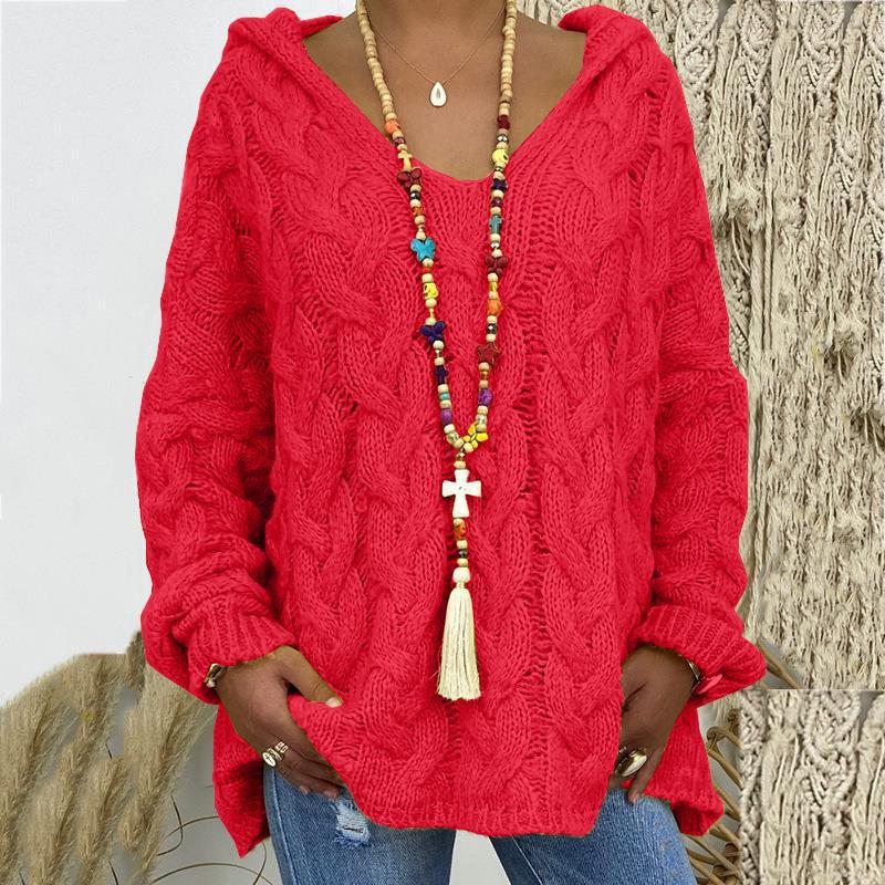 Solid V-Neck Knitted Loose Pullover Hooded Sweater - Image 18