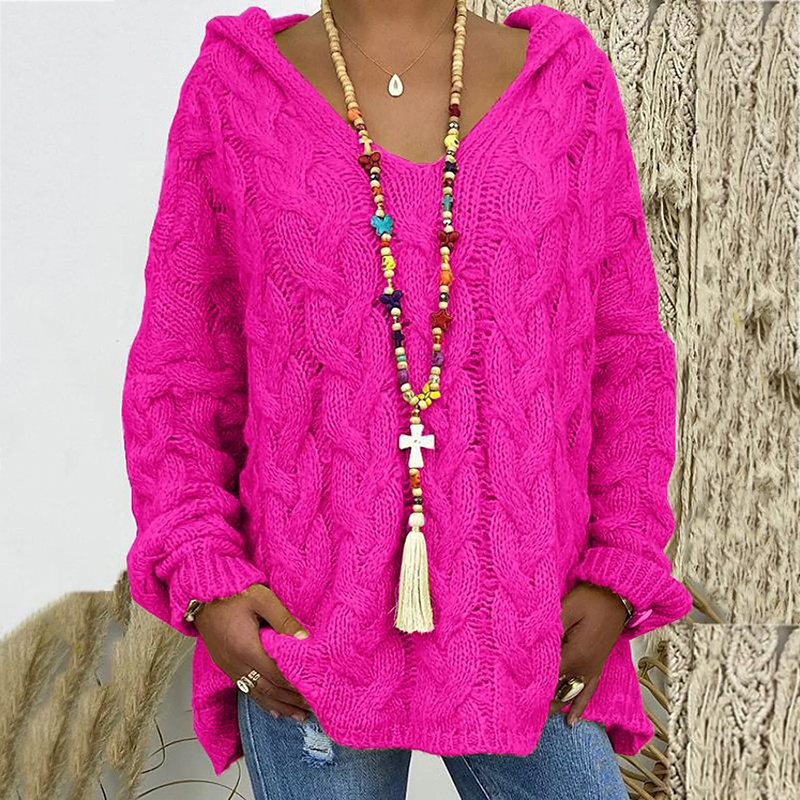 Solid V-Neck Knitted Loose Pullover Hooded Sweater - Image 12