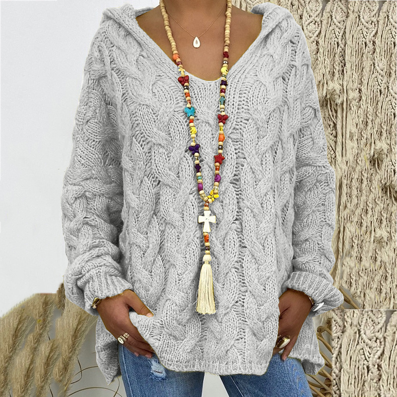 Solid V-Neck Knitted Loose Pullover Hooded Sweater - Image 6