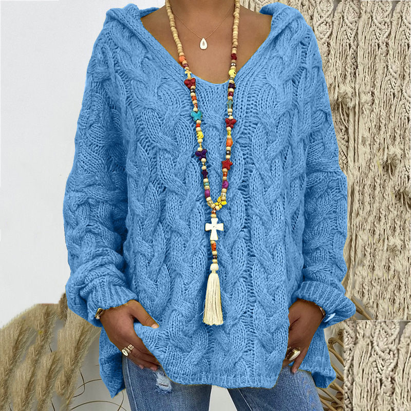 Solid V-Neck Knitted Loose Pullover Hooded Sweater - Image 15